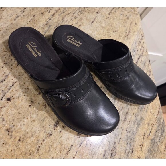 Clarks Black Clog's Buckle Braid Slip On Slide's Shoe's size 8 M Comfort sole - Picture 1 of 12